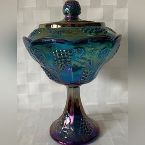 Indiana Glass Blue Carnival Harvest Grape Pedestal Wedding Bowl With Lid
